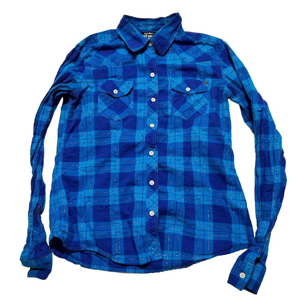 Ecko Unltd Shirt Size M Blue Metallic Plaid Cotton Long Sleeve Button Up Y2K